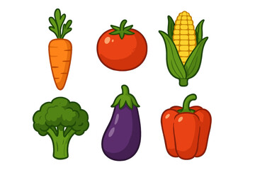 Set of six colorful cartoon garden vegetables icons isolated on white background