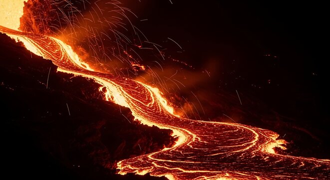 Fiery River of Lava Flowing Down a Volcano Slope.