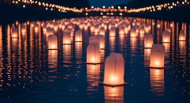 Floating lanterns illuminate a tranquil lake at night, creating a magical atmosphere.