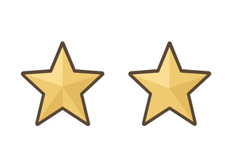 Two golden five pointed stars with dark outline isolated on white background