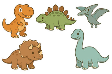 Set of five cute cartoon dinosaurs including tyrannosaurus triceratops stegosaurus pterodactyl and sauropod © Andrei