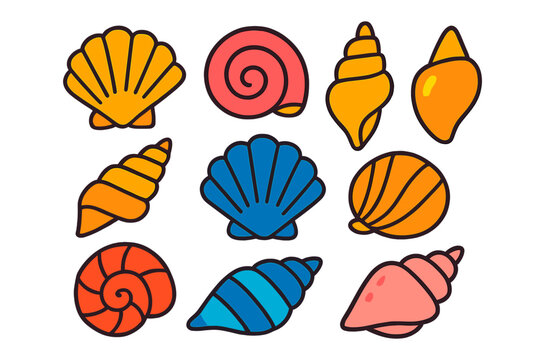 Colorful cartoon icons of various seashells and sea shells