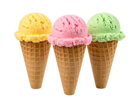Three brightly colored ice cream scoops in waffle cones, isolated on black