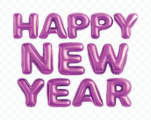 abstract 3d Happy New Year typography made by different color foil balloons isolated on transparent background