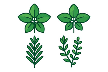 Four stylized green plant leaf icons and sprigs for nature design