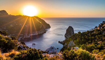Golden Sunrise Over the Mediterranean Coastline in Mallorca, Spain.