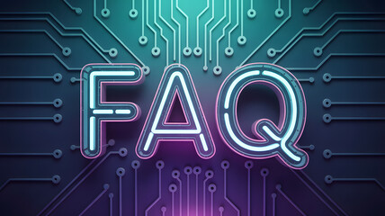 Stunning neon FAQ sign glowing against a vibrant circuit board, perfect for tech support and informational content.