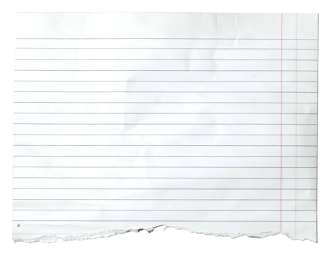 Torn, lined paper fragment with a red margin and watermarks, isolated