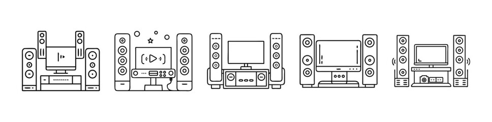 Obraz premium Home theater system line icons set with television and speakers