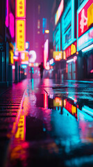 Fototapeta premium Vibrant neon street at night with colorful reflections on wet pavement. 