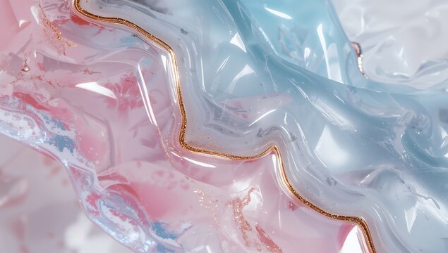 Ethereal abstract background of flowing pastel liquid in gentle pink and blue hues with an elegant, shimmering golden vein - Powered by Adobe