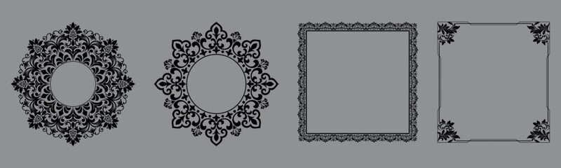 Set of decorative frames Elegant vector element for design in Eastern style, place for text. Floral black and gray borders. Lace illustration for invitations and greeting cards