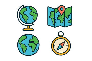 Travel and geography icons featuring globe, map, and compass symbols
