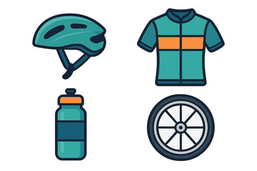 Set of essential cycling equipment icons featuring helmet jersey bottle and wheel