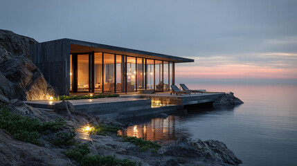 Modern cliffside villa with ocean view offers luxurious retreat at twilight