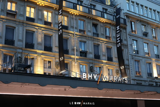 A close-up of the BHV facade store for the opening of the first Shein store. Paris, France - November 5, 2025.