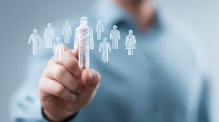 Hand pointing at a group of sketched people representing teamwork and leadership.