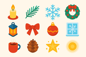Festive Icon Collection. Christmas Candlelight Evening modern flat icon set: glowing candle, pine branch, snowflake, wreath, lantern, ribbon bow, ornament, frosted window, warm mug