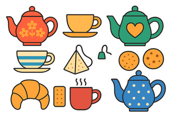 Assortment of colorful teapots cups cookies and pastry icons