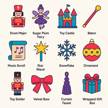 Nutcracker Icon Set. Nutcracker Charm modern flat icon set: drum major, sugar plum fairy, toy castle, baton, music scroll, star wand, snowflake, ornament ball, toy soldier, velvet