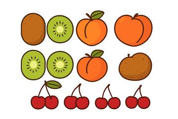 Stylized icons of kiwi, peach, and cherry fruits