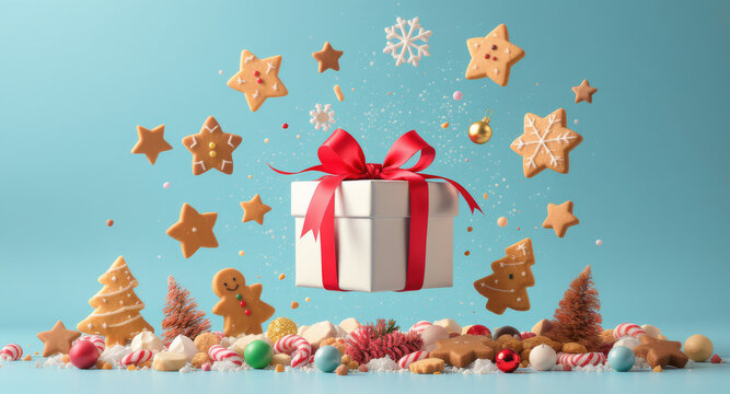 render 3D christmas gift box with snowflakes