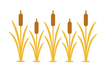 Stylized cattails with brown flower spikes and bright yellow foliage