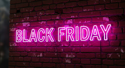 Vibrant pink neon "Black Friday" sign glows against distressed brick wall, perfect for announcing exciting sales and promotions.