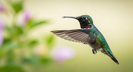 Fototapeta premium Vibrant hummingbird in mid-flight with blurred floral background.