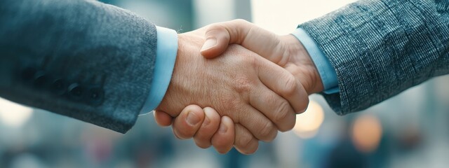 A close-up shot captures a firm handshake between two business people outside office buildings