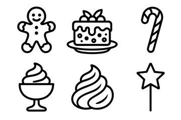 Festive Dessert Icons. Sweet Celebration outline icon set: gingerbread cookie, fruit cake, candy cane, dessert plate, whipped cream, star topper.