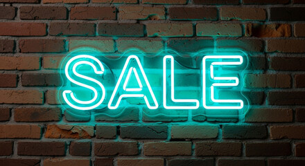 Vibrant teal neon 'SALE' sign glows brightly against a rustic brick wall, creating an exciting atmosphere for shoppers seeking amazing deals and discounts now.