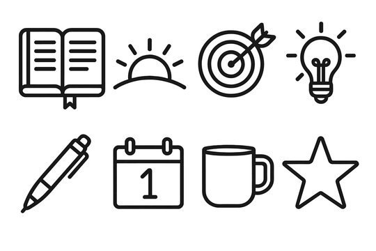 Goal-Oriented Icons. Goal-Driven Start outline icon set: journal, sunrise, dartboard, lightbulb, pen, calendar page, cup, star.