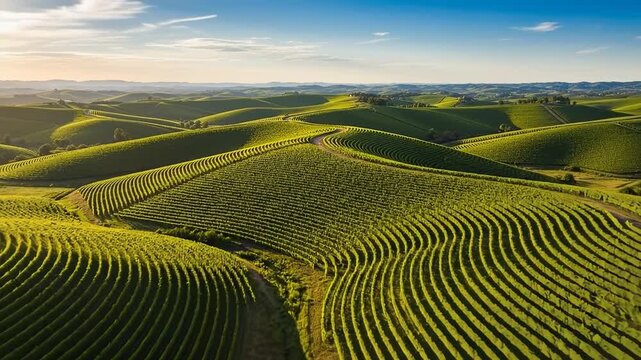Expansive Rolling Green Hills Vineyard Landscape Aerial View.