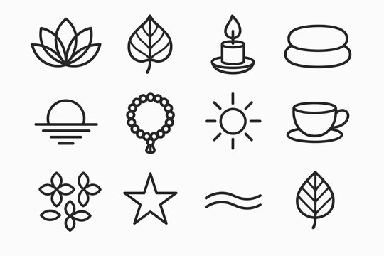 Bodhi Day Icons. Bodhi Day Lotus Symbol outline icon set: lotus flower, Bodhi leaf, candle flame, meditation cushion, water ripple, sunrise, prayer beads, glowing light, tea cup,