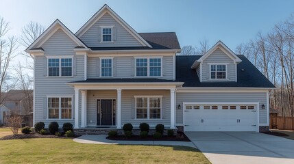 A charming light gray two story suburban house with a prominent gable roof and a white garage door on a sunny day with blue sky and bare trees