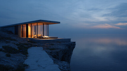 Modern cliffside villa offers serene ocean views at twilight, creating ultimate relaxation