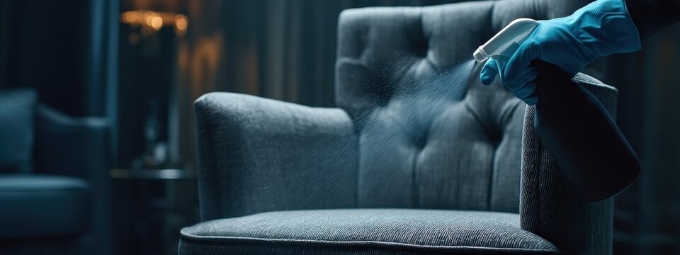 Upholstery disinfection: gloved hand sprays cleaning solution onto a chair.
