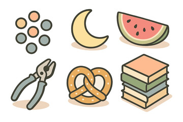 Simple icons set with food, tool, and celestial elements