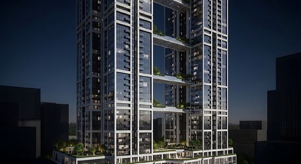 Modern architectural marvel showcases a futuristic skyscraper design with sky gardens and multiple building levels, embodying urban development and innovation