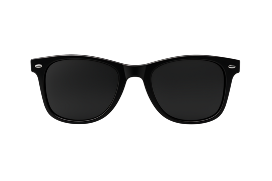 Classic black sunglasses isolated on white background with clean, minimal design and no shadow or reflection, ideal for eyewear ads and product mockups.