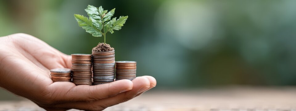 Hand holding a stack of coins with a small plant growing, symbolizing financial growth