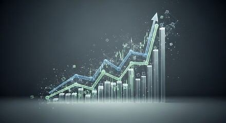 A 3D rendering of a bar graph with upward trending lines, illustrating financial growth and positive economic performance in a sleek, modern design