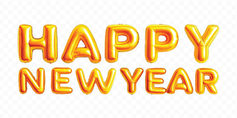 abstract 3d Happy New Year typography made by different color foil balloons isolated on transparent background