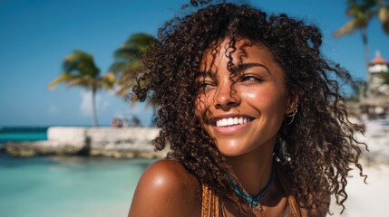 Fototapeta premium Radiant woman on a tropical beach: smile, curly hair, and sunshine