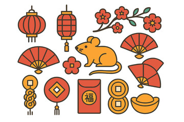 Set of stylized icons for Chinese New Year featuring rat zodiac animal and festive decorations