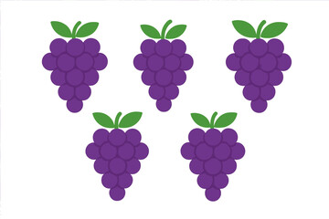 Five bunches of purple grapes with green leaves isolated on white