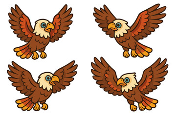 Fototapeta premium Four stylized cartoon flying eagle birds with spread wings