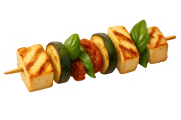 Grilled halloumi skewer with zucchini, sun-dried tomato and fresh basil on transparent background