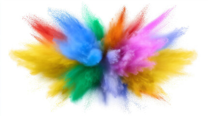 Vibrant explosion of colorful powder clouds in rainbow hues on white background.  
